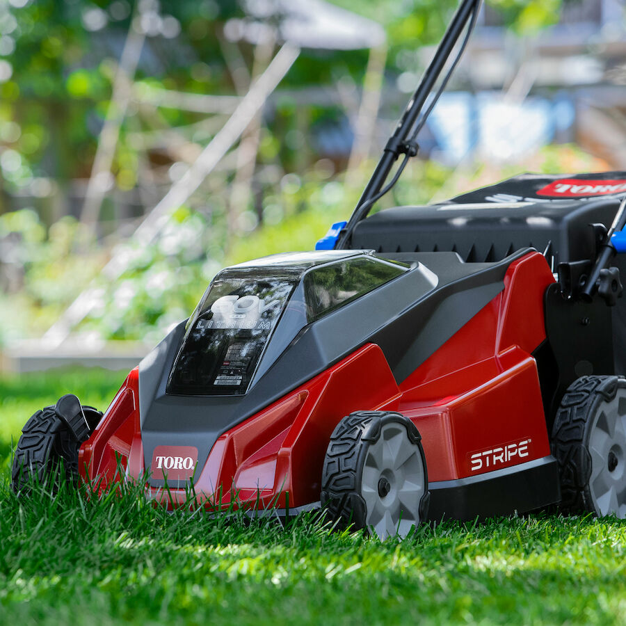 Lithium Battery Powered Lawnmower on lawn