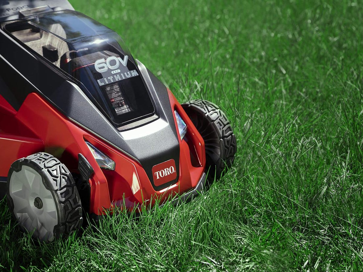 Lithium Battery Powered Lawnmower on lawn